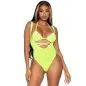 Preview: Woman in a bright green, sparkling swimsuit with cut-outs against a white background.
