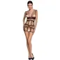 Preview: Frau in einem schwarzen, durchsichtigen Minikleid mit geometrischen Mustern und schwarzen Schuhen.