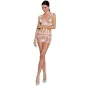 Preview: Woman in a white, see-through mini dress with geometric patterns, posing in high heels against a white background.