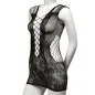 Preview: A black mesh dress with a lace pattern on a mannequin displays a striking design with cutouts.
