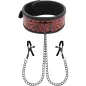 Preview: Rotes Halsband mit schwarzem Muster und Ketten, die zu zwei schwarzen Klammern führen.