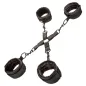 Preview: Black handcuffs and ankle cuffs with soft inner lining, connected by adjustable straps and metal rings.
