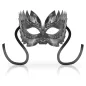 Preview: Silver Venetian mask with black ribbons and decorative patterns on a white background.
