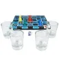 Preview: Board game with colorful playing pieces, four empty glasses and a die on a white background.
