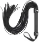 Preview: Black leather whip with many straps and a handle with a wrist strap.