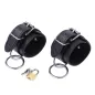 Preview: Two black leather restraints with metal buckles and rings, next to them a padlock with keys.