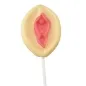 Preview: Lutscher in Form einer Vulva mit rosa und beigem Zuckerguss auf einem weißen Stiel.