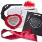 Preview: Heart-shaped box containing slips of paper, black bag, red ribbon, feather and blindfold, everything for seduction games.