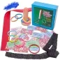 Preview: Erotisches Spielset mit Plastikmodell, Ringen, Karten, Feder, rotem Band und schwarzer Spitze.