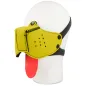 Preview: Yellow dog mask with red tongue and black straps on a white model head.