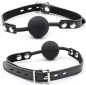 Preview: Black ball gag with adjustable leather strap and metal buckle, on a white background.