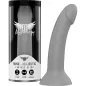 Preview: Grauer Fantasy-Dildo "Rune - Majestic" von Mythology, neben der Verpackung stehend.