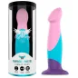 Preview: Packaging and pastel-colored dildo with pink, blue and purple sections, standing next to it.