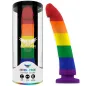 Preview: Regenbogenfarbener Dildo in Verpackung, mit der Aufschrift "Devon - Pride Fantasy Dildo" und Größenangaben.