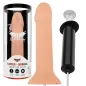 Preview: Verpackung und Produkt eines hautfarbenen Dildos mit Spritzfunktion, daneben eine schwarze Pumpe.