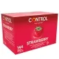 Preview: Rote Verpackung von Control Kondomen mit Erdbeergeschmack, 144 Stück, mit Erdbeermotiv.