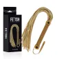 Preview: Brauner Flogger mit vielen Riemen, neben einer schwarzen Verpackung mit der Aufschrift "Fetish Submissive".