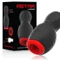 Preview: Schwarzes und rotes Massagegerät mit Saug- und Vibrationsfunktion, Verpackung im Hintergrund.