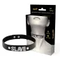Preview: Black collar with the word "SLAVE" in rhinestones, in front of packaging with a photo of the collar on the neck.