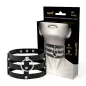Preview: Black, handmade choker necklace made of vegan leather with a silver ring, shown in front of the packaging.