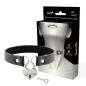 Preview: Schwarzes Halsband mit Herzschloss und Schlüssel, Verpackung zeigt Hals mit dem Halsband.