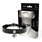 Preview: Black choker necklace with silver bell, packaged in a box with a picture of a neck, vegan and nickel-free.