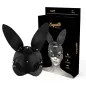 Preview: Black rabbit mask made of vegan leather in front of packaging with an image of a person wearing the mask.