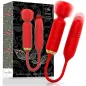 Preview: Red vibrator with golden accents, in front of a decorative package with floral patterns.