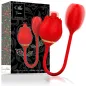 Preview: Vibrant red egg in the shape of a rose with packaging, black background with floral pattern, golden accents.