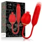 Preview: Rotes, rosenförmiges Massagegerät mit Verpackung, floral verziert, für doppelte Stimulation.