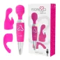 Preview: Pink massage device with interchangeable attachments and packaging, USB cable included.