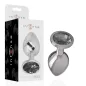 Preview: Silver anal plug with gemstone, size L, next to packaging with "intense" logo.
