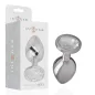 Preview: Silver anal plug with crystal, size L, next to packaging with "intense" logo.