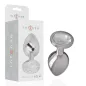 Preview: Silver anal plug with crystal, size M, next to packaging with "intense" logo.