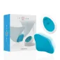 Preview: Packaging and product of a blue, portable massage device with remote control.