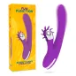 Preview: Lila Vibrator mit rotierenden Elementen, Verpackung im Hintergrund, gelber Karton mit Aufschrift "Bunny Funny Vibration".