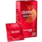 Preview: Rote Durex Sensitivo XL Kondomverpackung mit 10 Stück, daneben ein einzelnes Kondom in roter Folie.