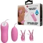 Preview: Pink vibration and electric shock toy set with remote control and clamps, packaging in the background.