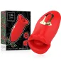 Preview: Rotes Vibrationsspielzeug in Lippenform mit Verpackung im Hintergrund, verziert mit Blumenmuster.