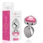 Preview: Silver anal plug with pink heart-shaped stone, packaging in the background.