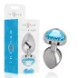 Preview: Silver anal plug with heart-shaped blue crystal, next to packaging with "intense" logo and "Anal Plug Size S" text.