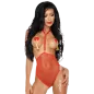 Preview: Woman in red lingerie with heart details and tassels, long dark hair.