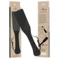 Preview: Schwarzes Paddle aus veganem Leder, verpackt in einer Box mit mehrsprachiger Beschriftung und Zeichnung.