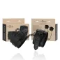 Preview: Black vegan leather ankle cuffs with packaging in the background, brand "Intense Fetish".