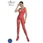Preview: Woman in red, sheer bodystocking with floral pattern, standing against a white background.