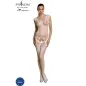 Preview: Frau in weißem, durchsichtigem Bodystocking mit Spitzenmuster, stehend, mit "Made in Europe"-Logo.