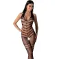Preview: Woman in black mesh bodysuit with geometric pattern, posing in front of a white background.