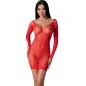 Preview: Woman in a red, openwork dress with long sleeves, standing against a white background.