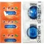 Preview: Two Pasante condom packages: left orange with fruit motifs, right transparent with blue condom visible.
