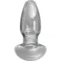 Preview: Klarer Glasstopfen mit breiter Basis und glatter Oberfläche, stehend aufrecht.